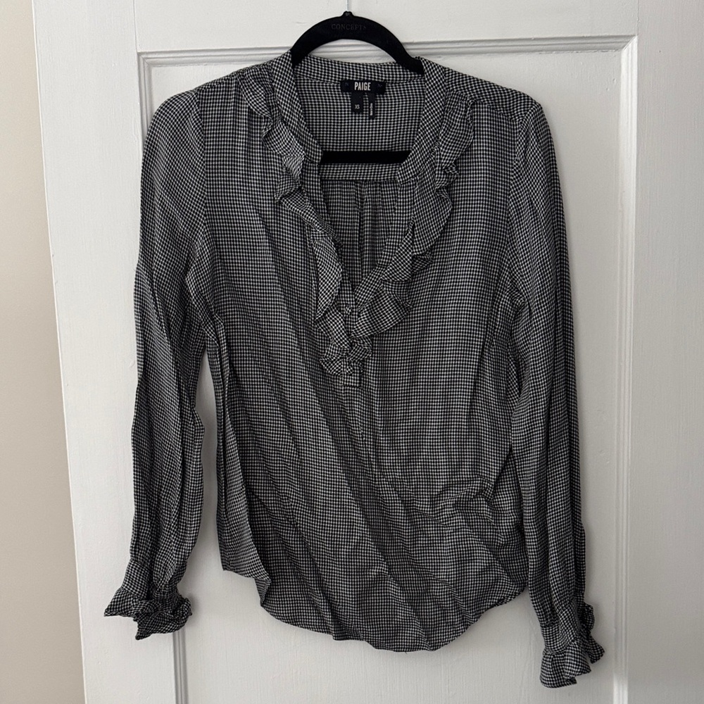PAIGE Black and White Houndstooth Ruffle Blouse